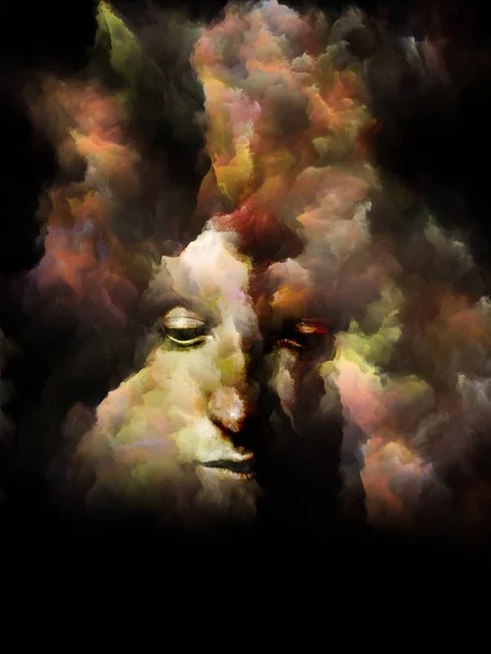 魂の影シリーズ 内面の生活 精神的健康 創造性や人間の心の問題について色フラクタル星雲テクスチャーと融合した女性の顔の現実的な肖像画 — ストック写真