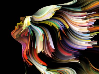 Yüz renk serisi. Tasarım insan profili ve boya bir metafor olarak yaratıcılık, tasarım, iç dünya, içgüdü ve sanatsal ruh konusunda hareketli renkli çizgiler oluşur