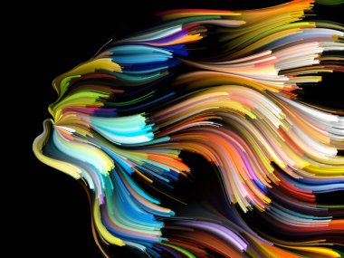 Renk serisinin yüzü. Yaratıcılık, tasarım, iç dünya, insan doğası ve sanatsal ruh projeleri için uygun bir zemin olarak insan profili ve renkli renkli boya çizgileri.