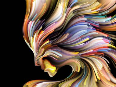 Renk serisinin yüzü. Yaratıcılık, tasarım, iç dünya, insan doğası ve sanatsal ruh projeleri için uygun bir zemin olarak insan profili ve renkli renkli boya çizgileri.