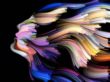 Yüz renk serisi. Zemin insan profili ve yaratıcılık, tasarım, iç dünya, içgüdü ve sanatsal ruh konusunda boya hareketli renkli çizgiler