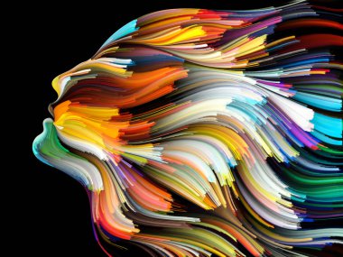 Yüz renk serisi. Zemin insan profili ve yaratıcılık, tasarım, iç dünya, içgüdü ve sanatsal ruh konusunda boya hareketli renkli çizgiler