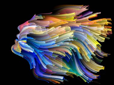 Yüz renk serisi. İnsan profili ve yaratıcılık, tasarım, iç dünya, içgüdü ve sanatsal ruh konusunda boya hareketli renkli çizgiler bileşimi