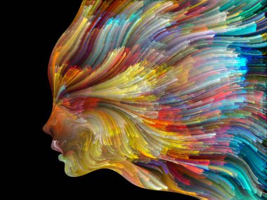 Yüz renk serisi. İnsan profili ve yaratıcılık, tasarım, iç dünya, içgüdü ve sanatsal ruh konusunda boya hareketli renkli çizgiler