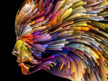 Renk serisinin yüzü. Yaratıcılık, tasarım, iç dünya, insan doğası ve sanatsal ruh projeleri için uygun bir zemin olarak insan profili ve renkli renkli boya çizgileri.