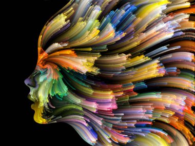 Yüz renk serisi. Sanatsal soyutlama insan profili ve konu yaratıcılık, tasarım, iç dünya, içgüdü ve sanatsal ruhu üzerinde boya hareketli renkli çizgiler oluşur