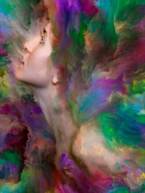 İç dış serisi. Duygular, duygular, iç dünya, yaratıcılık ve hayal gücü konusunda canlı boya ile arka plan tasarım kadın portresi erimiş