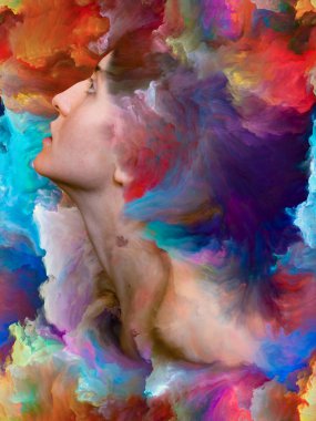 İç dış serisi. Duygular, duygular, iç dünya, yaratıcılık ve hayal gücü konusunda canlı boya ile soyut tasarım kadın portresi yapılan erimiş