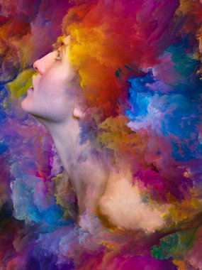 İç dış serisi. Duygular, duygular, iç dünya, yaratıcılık ve hayal gücü konusunda canlı boya ile soyut tasarım kadın portresi yapılan erimiş