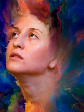 Dünya serisi. Duygular, duygular, iç dünya, yaratıcılık ve hayal gücü üzerine projelerle birleştirilmiş kadın portresinin soyut arkaplanı.