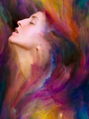 Onun Dünya serisi. Mecazi ilişki duygular, duygular, iç dünya, yaratıcılık ve hayal gücü ile canlı boya ile kadın portre bileşimi erimiş