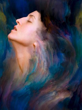 Onun Dünya serisi. Mecazi ilişki duygular, duygular, iç dünya, yaratıcılık ve hayal gücü ile canlı boya ile kadın portre bileşimi erimiş