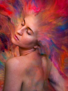 Onun Dünya serisi. Kadın portre tasarlamak zemin inşaat üstünde duygular, duygular, iç dünya, yaratıcılık ve hayal gücü için canlı boya ile erimiş