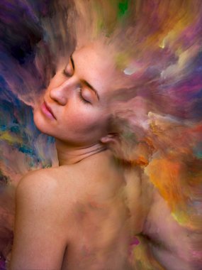 Onun Dünya serisi. Kadın portre tasarlamak zemin inşaat üstünde duygular, duygular, iç dünya, yaratıcılık ve hayal gücü için canlı boya ile erimiş