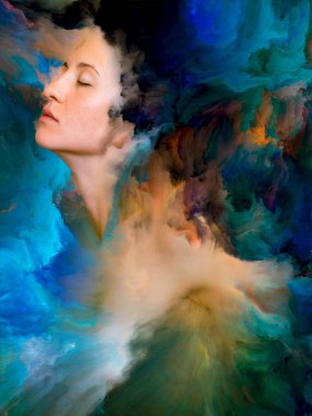 Onun Dünya serisi. Duygular, duygular, iç dünya, yaratıcılık ve hayal gücü konusunda canlı boya ile arka plan kompozisyonu kadın portresi erimiş