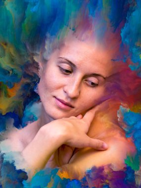 Dünya serisi. Kadın portresinin soyut bileşimi duygular, duygular, iç dünya, yaratıcılık ve hayal gücüyle ilgili projelere uygun canlı boyayla kaynaştırılmış.