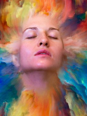 Dünya serisi. Kadın portresinin soyut bileşimi duygular, duygular, iç dünya, yaratıcılık ve hayal gücüyle ilgili projelere uygun canlı boyayla kaynaştırılmış.