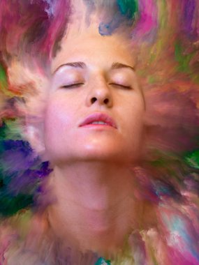 Dünya serisi. Kadın portresinin soyut bileşimi duygular, duygular, iç dünya, yaratıcılık ve hayal gücüyle ilgili projelere uygun canlı boyayla kaynaştırılmış.