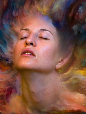 Dünya serisi. Duygular, duygular, iç dünya, yaratıcılık ve hayal gücü üzerine çalışmalar için kadın portresinin canlı boya ile kaynaşmış görsel olarak memnun edici bileşimi