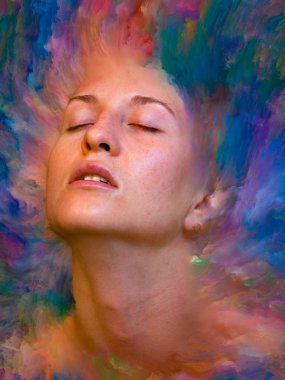 Dünya serisi. Duygular, duygular, iç dünya, yaratıcılık ve hayal gücü üzerine çalışmalar için kadın portresinin canlı boya ile kaynaşmış görsel olarak memnun edici bileşimi