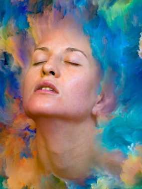 Dünya serisi. Duygular, duygular, iç dünya, yaratıcılık ve hayal gücü üzerine çalışmalar için kadın portresinin canlı boya ile kaynaşmış görsel olarak memnun edici bileşimi