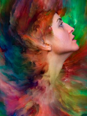 Onun Dünya serisi. Kadın portre konu duygular, duygular, iç dünya, yaratıcılık ve hayal gücü üzerinde canlı boya ile erimiş sanatsal soyutlama oluşan