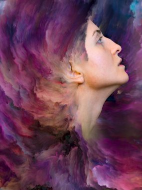 Onun Dünya serisi. Duygular, duygular, iç dünya, yaratıcılık ve hayal gücü projelerde kullanmak için canlı boya ile kadın portresi oluşan zemin erimiş