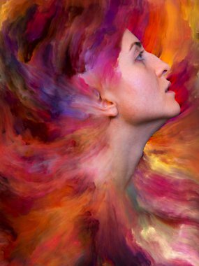 Onun Dünya serisi. Duygular, duygular, iç dünya, yaratıcılık ve hayal gücü projelerde kullanmak için canlı boya ile kadın portresi oluşan zemin erimiş