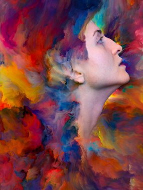 Onun Dünya serisi. Duygular, duygular, iç dünya, yaratıcılık ve hayal gücü projelerde kullanmak için canlı boya ile kadın portresi oluşan zemin erimiş