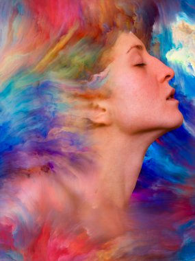 Onun Dünya serisi. Duygular, duygular, iç dünya, yaratıcılık ve hayal gücü projelerde kullanılmak üzere canlı boya ile kadın portresi yapılan sanatsal arka plan erimiş