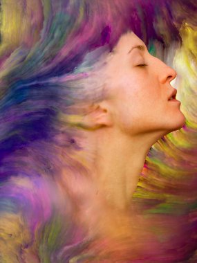 Onun Dünya serisi. Duygular, duygular, iç dünya, yaratıcılık ve hayal gücü projelerde kullanılmak üzere canlı boya ile kadın portresi yapılan sanatsal arka plan erimiş