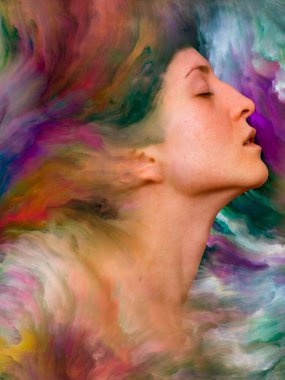 Onun Dünya serisi. Duygular, duygular, iç dünya, yaratıcılık ve hayal gücü projelerde kullanılmak üzere canlı boya ile kadın portresi yapılan sanatsal arka plan erimiş