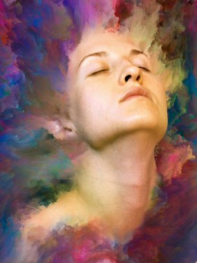 Dünya serisi. Kadın portresinin arka plan tasarımı duygular, duygular, iç dünya, yaratıcılık ve hayal gücü üzerine canlı boyalar ile kaynaştırılmış.