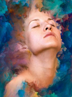 Dünya serisi. Kadın portresinin arka plan tasarımı duygular, duygular, iç dünya, yaratıcılık ve hayal gücü üzerine canlı boyalar ile kaynaştırılmış.