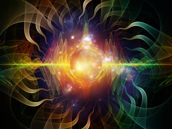 Wave Function series. Composition of colored sine vibrations, light and fractal elements with metaphorical relationship to sound equalizer, music spectrum and  quantum probability