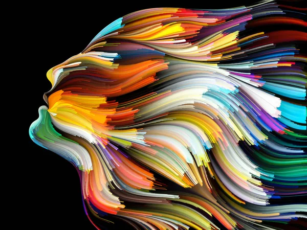 Yüz renk serisi. Zemin insan profili ve yaratıcılık, tasarım, iç dünya, içgüdü ve sanatsal ruh konusunda boya hareketli renkli çizgiler