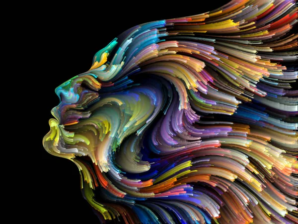 Renk serisinin yüzü. Yaratıcılık, tasarım, iç dünya, insan doğası ve sanatsal ruh projeleri için uygun bir zemin olarak insan profili ve renkli renkli boya çizgileri.