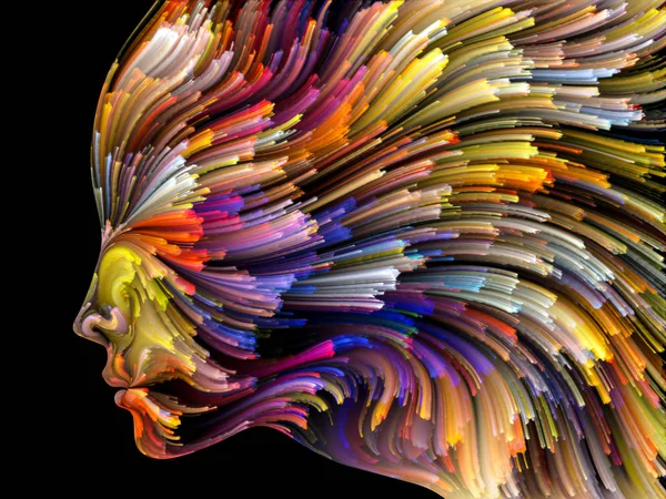 Renk serisinin yüzü. Yaratıcılık, tasarım, iç dünya, insan doğası ve sanatsal ruh projeleri için uygun bir zemin olarak insan profili ve renkli renkli boya çizgileri.