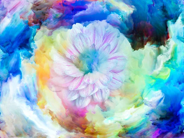 Blooming flower in foam of colorful paint as backdrop for subject of art, creativity and imagination. Custom background series.
