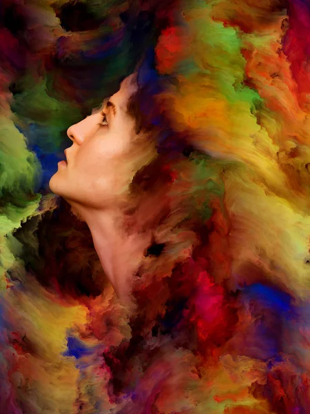 Woman\'s World series. Design made of female portrait fused with vibrant paint to serve as backdrop for projects related to feelings, emotions, inner world, creativity and imagination