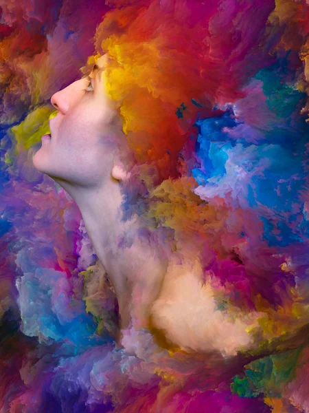 İç dış serisi. Duygular, duygular, iç dünya, yaratıcılık ve hayal gücü konusunda canlı boya ile soyut tasarım kadın portresi yapılan erimiş