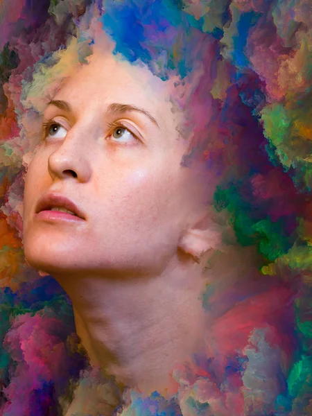 Dünya serisi. Duygular, duygular, iç dünya, yaratıcılık ve hayal gücü üzerine projelerle birleştirilmiş kadın portresinin soyut arkaplanı.