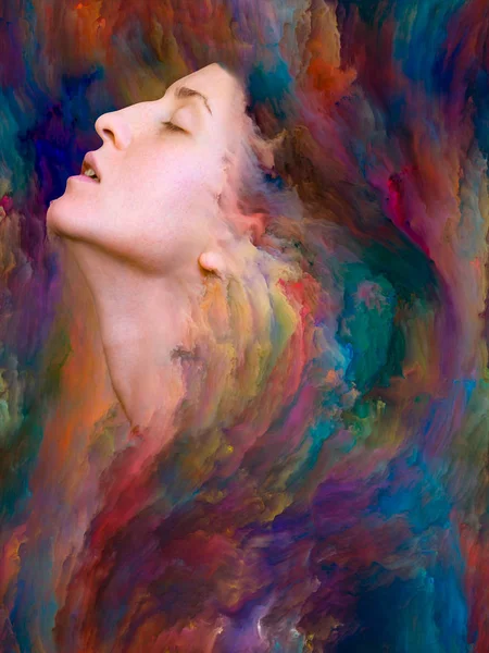 Onun Dünya serisi. Mecazi ilişki duygular, duygular, iç dünya, yaratıcılık ve hayal gücü ile canlı boya ile kadın portre bileşimi erimiş