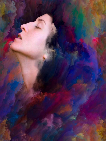 Onun Dünya serisi. Mecazi ilişki duygular, duygular, iç dünya, yaratıcılık ve hayal gücü ile canlı boya ile kadın portre bileşimi erimiş