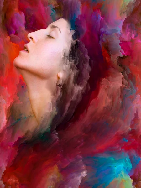 Onun Dünya serisi. Mecazi ilişki duygular, duygular, iç dünya, yaratıcılık ve hayal gücü ile canlı boya ile kadın portre bileşimi erimiş