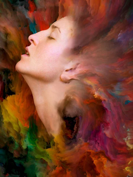 Dünya serisi. Duygular, duygular, iç dünya, yaratıcılık ve hayal gücü üzerine projeler için uygun bir zemin olarak canlı boyayla kaynaştırılmış kadın portresinin bileşimi