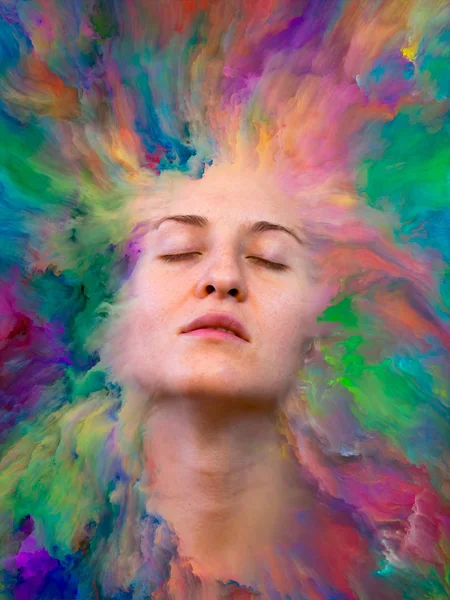 Dünya serisi. Duygular, duygular, iç dünya, yaratıcılık ve hayal gücü konularında bir metafor olarak kadın portresinin canlı resimlerle kaynaşmış yaratıcı düzenlemesi.