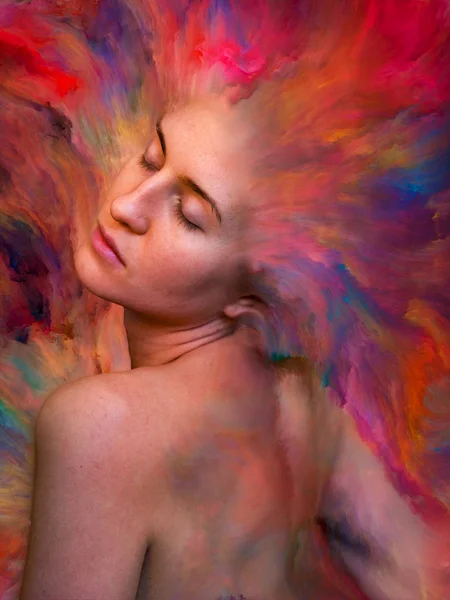 Onun Dünya serisi. Kadın portre tasarlamak zemin inşaat üstünde duygular, duygular, iç dünya, yaratıcılık ve hayal gücü için canlı boya ile erimiş