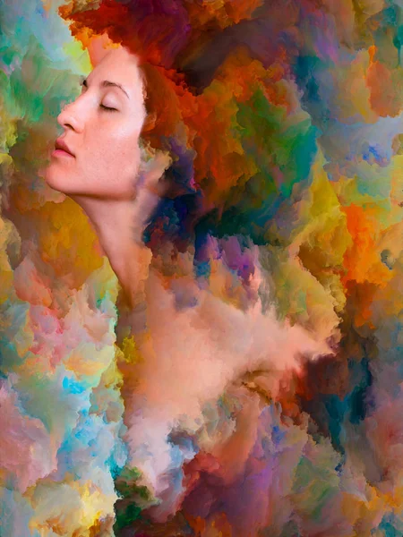 Dünya serisi. Duygular, duygular, iç dünya, yaratıcılık ve hayal gücü konularındaki tasarımınızı tamamlamak için kadın portresinin arka planı canlı boyayla kaynaşmış.