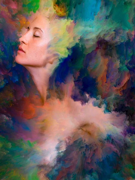 Dünya serisi. Duygular, duygular, iç dünya, yaratıcılık ve hayal gücü konularındaki tasarımınızı tamamlamak için kadın portresinin arka planı canlı boyayla kaynaşmış.